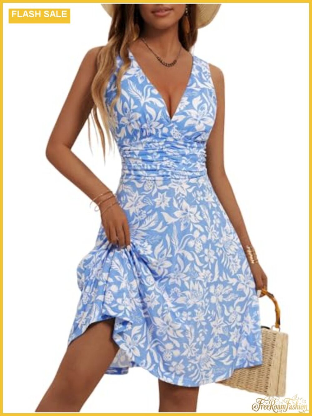 Sleeveless Floral Sundress with Pockets, Deep V-Neck, Flowy Midi